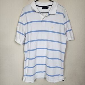 Nautica XL White Blue Striped Collared Polo Shirt